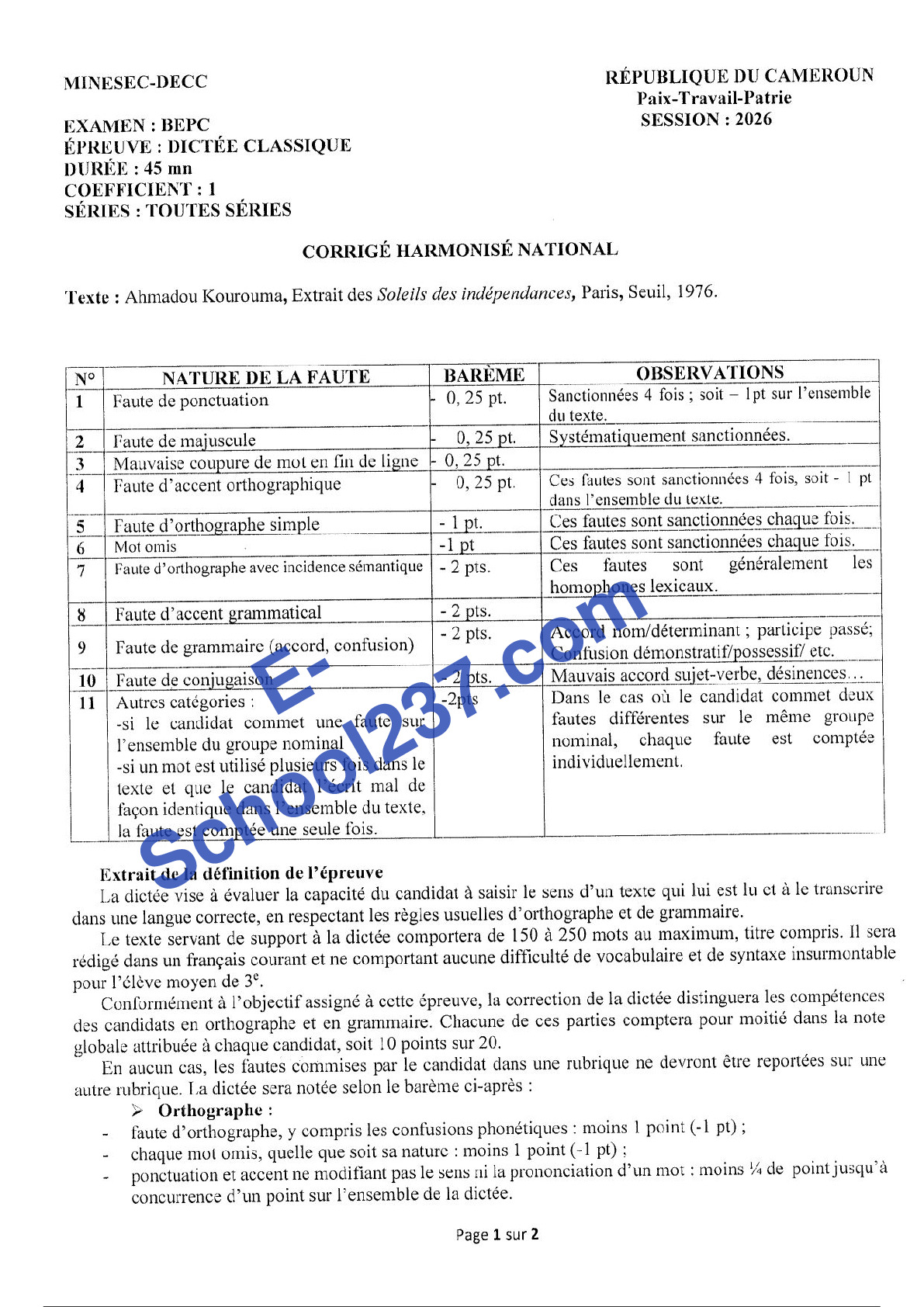 Corrigé Harmonisé National Dictée BEPC 2026